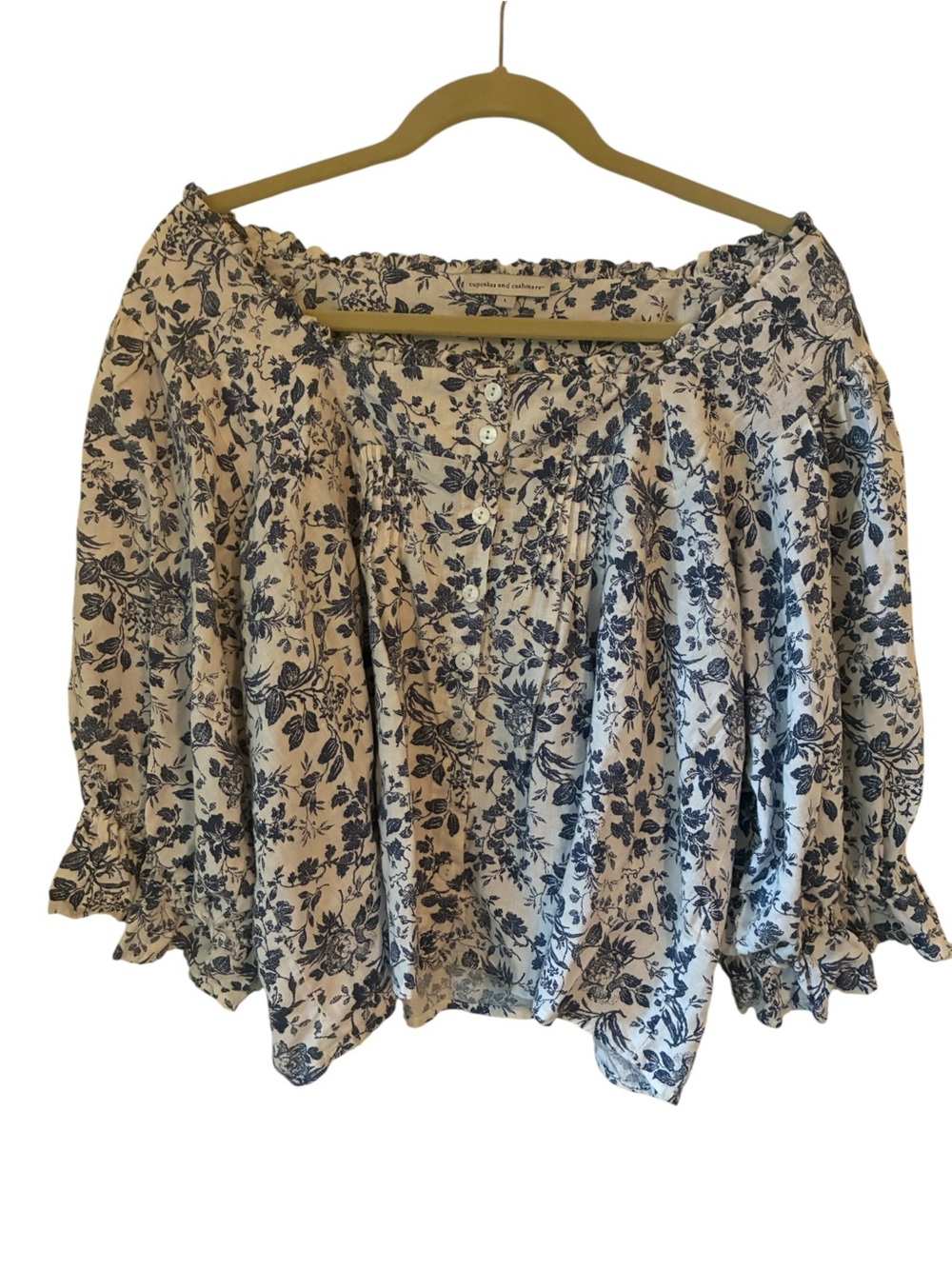 Cupcakes and Cashmere Blue White Floral Linen Blend Square Neck Blouse Large